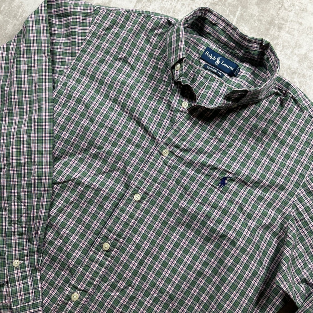 Ralph Lauren Button Down Shirt Mens Medium Green Pink Plaid Classic Fit Long Slv